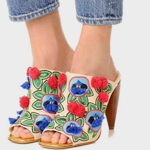 Tory Burch Boho Embroidered Leather Pom Tassel Mule Heel Sandals Size: 6